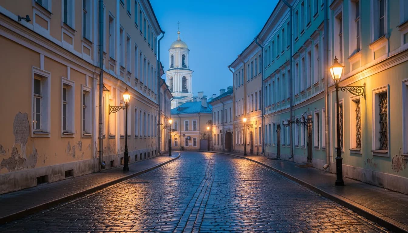 Переулок Китай-города вечером: старые московские фасады, фонари и брусчатка